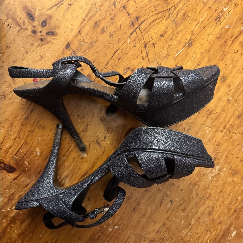 YSL Saint Laurent Tribute Black Grained Leather Platform High Heel Sandals - Picture 10 of 10